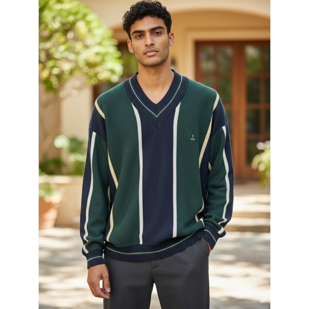 Vintage IZOD V-Neck Tennis Sweater XL Striped Preppy 90s Academia Retro School